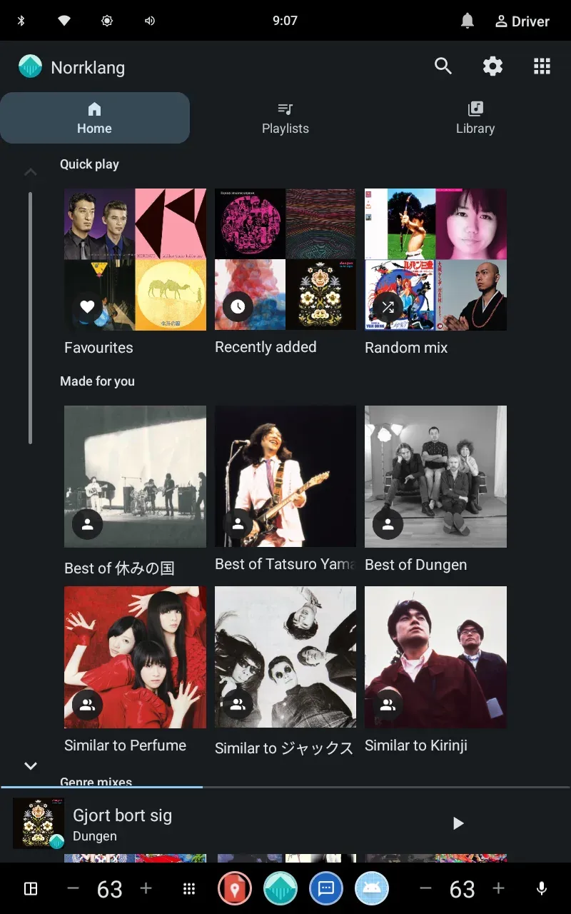 Home screen in the car UI: Quick play tiles for Favourites, Recently added and Random mix, then Made for you mixes, with tabs for Home, Playlists and Library