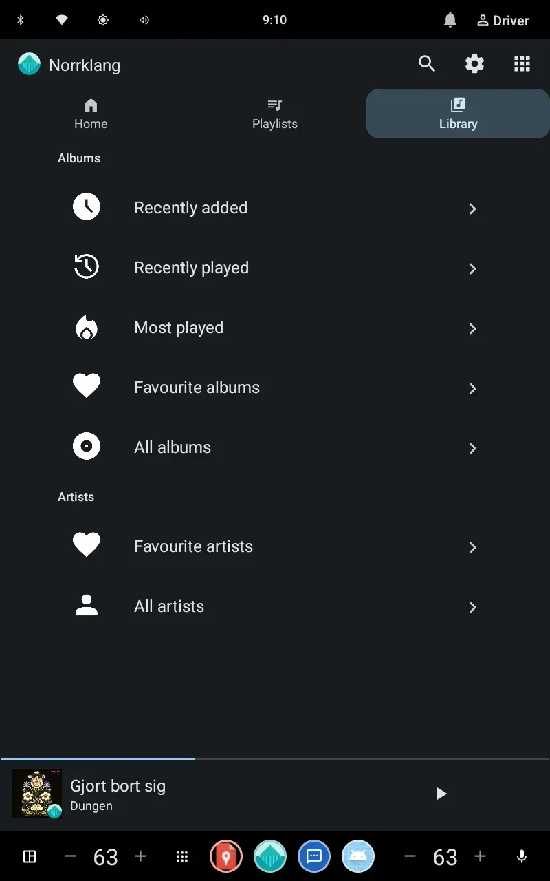 Library tab in the car UI: Albums rows for Recently added, Recently played, Most played, Favourite albums and All albums, then Artists rows for Favourite artists and All artists